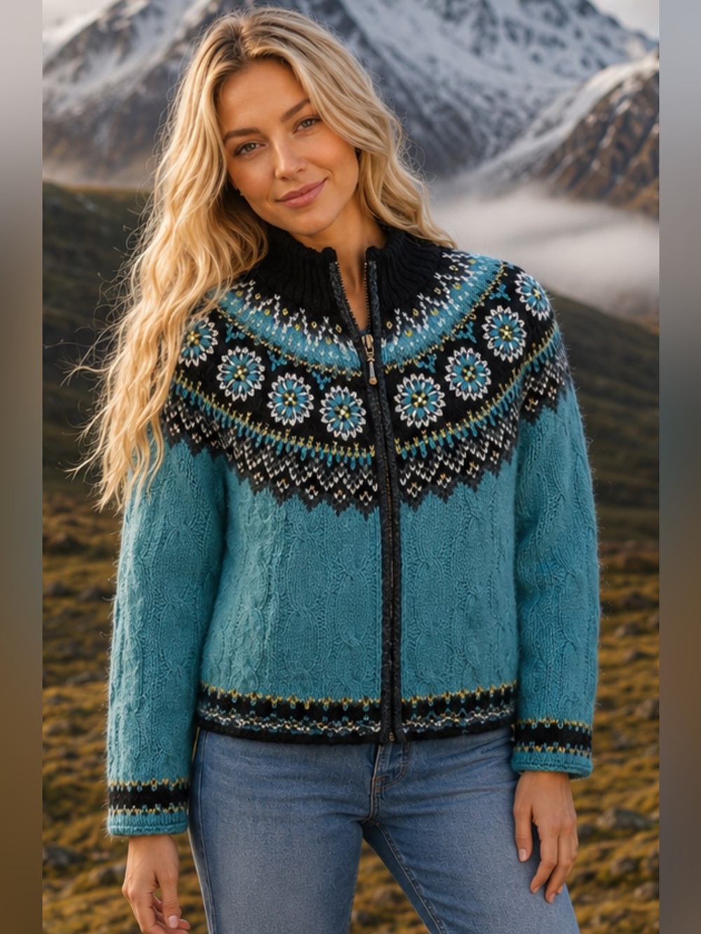 Teal Icelandic Knit Zip-Front Sweater with Nordic Yoke Medium